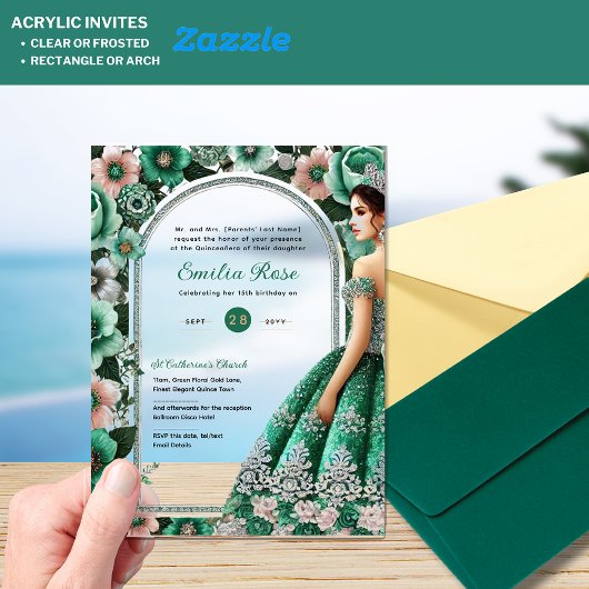 エメラルドグリーンシルバーカインスドレスフラワーズティアラ アクリル招待状