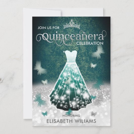 エメラルドグリーンシルバーグリッタードレスバタフライ 招待状 (正面)