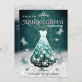 エメラルドグリーンシルバーグリッタードレスバタフライ 招待状 (正面/裏面)