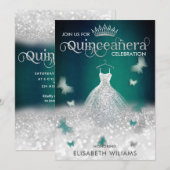 エメラルドグリーンシルバーグリッタードレスバタフライ 招待状 (正面/裏面)