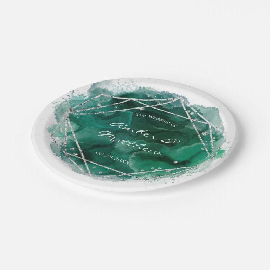 エメラルドグリーンシルバージオメトリックウォーター結婚カラー ペーパープレート (アングル)