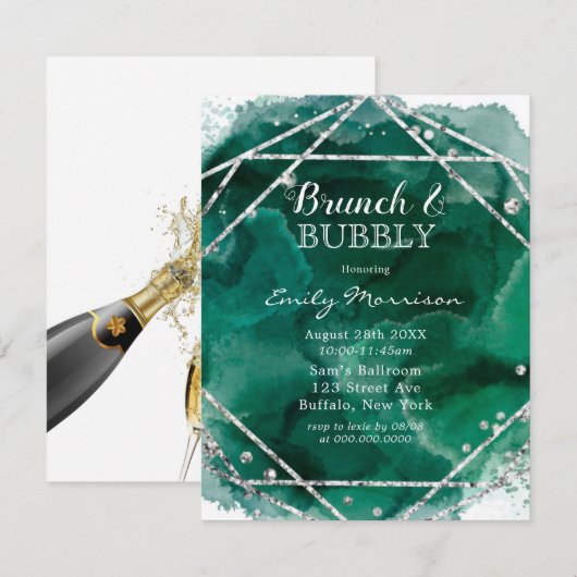 エメラルドグリーンシルバージオメトリックブランチ&バブリー 招待状 (正面/裏面)