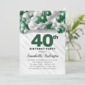 エメラルドグリーンシルバーバルーングリッター40th誕生日 招待状 (スタンド正面)