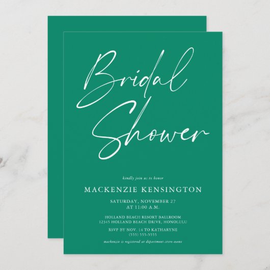 エメラルドグリーンシンプルエレガントブライダルシャワー 招待状 (正面/裏面)