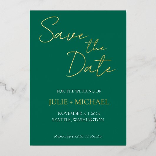 エメラルドグリーンシンプルスタイルウェディング日付を保存 箔招待状 (正面)
