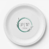 エメラルドグリーンシンプルリースモノグラム結婚ズ ペーパープレート (正面)
