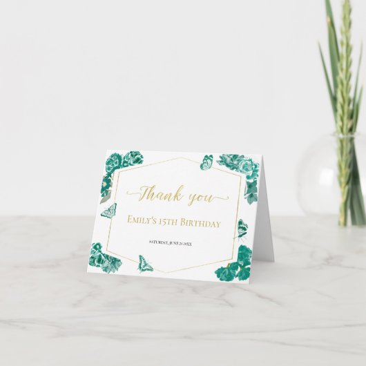エメラルドグリーンスウィート16キンセアニェラバルミツワー サンキューカード (正面)