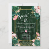 エメラルドグリーンスウィート16女の子フローラ誕生日パーティー 招待状 (正面)