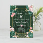 エメラルドグリーンスウィート16女の子フローラ誕生日パーティー 招待状 (スタンド正面)