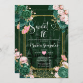 エメラルドグリーンスウィート16女の子フローラ誕生日パーティー 招待状 (正面/裏面)
