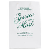 エメラルドグリーンスクリプト結婚タイポグラフィの歓迎 ミディアムペーパーバッグ (正面)