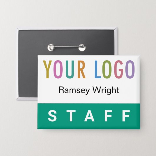 エメラルドグリーンスタッフバッジピンバック名ボタンロゴ 缶バッジ (正面/裏面)