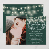 エメラルドグリーンストリングライトフローラ結婚写真 招待状 (正面/裏面)