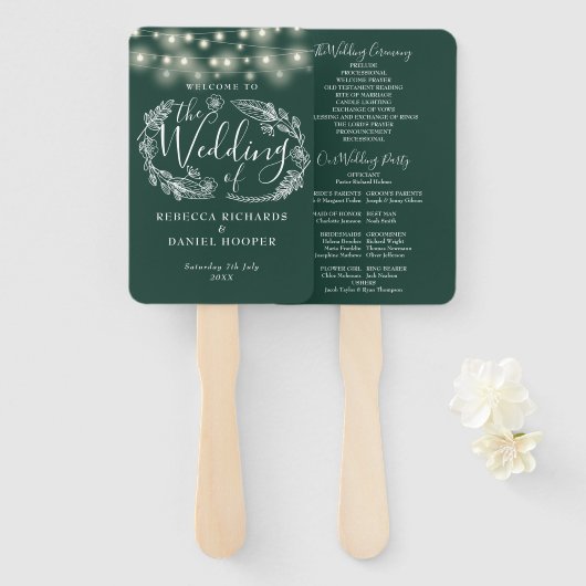 エメラルドグリーンストリングライト結婚式 プログラム ハンドファン (正面&裏面)