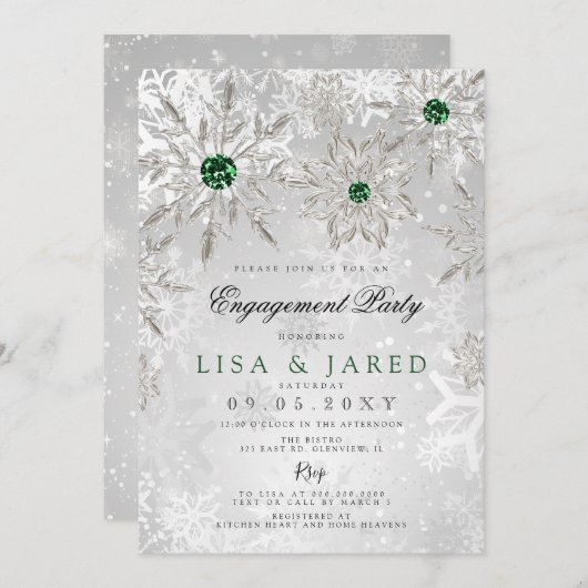エメラルドグリーンスノーフレークスウィンター婚約パーティ 招待状 (正面/裏面)