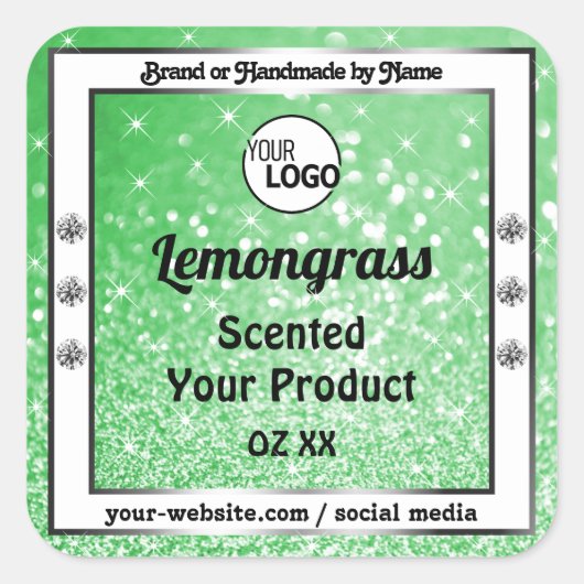 エメラルドグリーンスパークルグリッター製品ラベルロゴ スクエアシール (正面)
