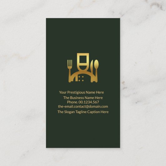 エメラルドグリーンタキシード金ゴールドシェフアイコンレストラン 名刺 (裏面)