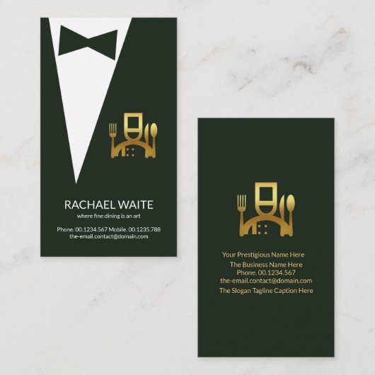 エメラルドグリーンタキシード金ゴールドシェフアイコンレストラン 名刺 (正面/裏面)