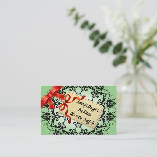 エメラルドグリーンダマスクパターンペットシッター 名刺 (スタンド正面)