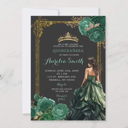 エメラルドグリーンダークバックグランド王室のキンセアニラ 招待状 (正面)