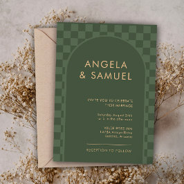 エメラルドグリーンチェックのモダンな結婚式招待状 招待状