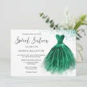 エメラルドグリーンティール（緑がかった色）グリッターガウンスウィート16パーティー 招待状 (スタンド正面)