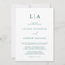 エメラルドグリーンティール（緑がかった色）モノグラム結婚ミニマリストのInv 招待状