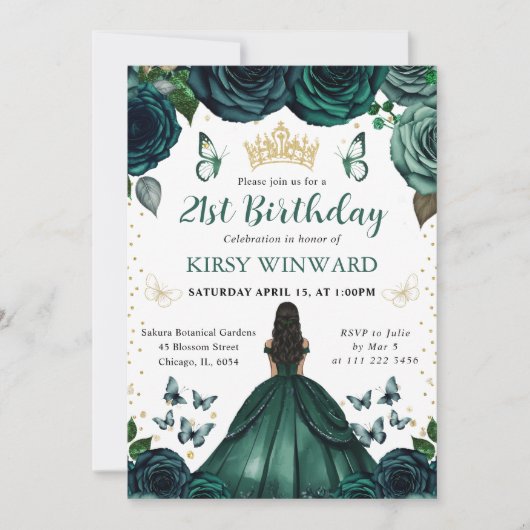エメラルドグリーンドレスダークスキンプリンセス誕生日 招待状 (正面)