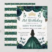 エメラルドグリーンドレスダークスキンプリンセス誕生日 招待状 (正面/裏面)