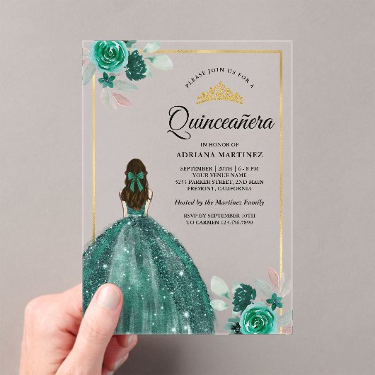 エメラルドグリーンドレスフローラ金ゴールドキンセアニェラ アクリル招待状 (インサイチュ (ポータブル))