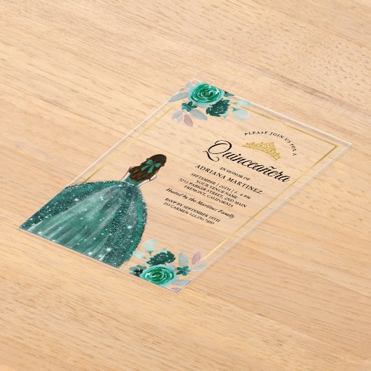 エメラルドグリーンドレスフローラ金ゴールドキンセアニェラ アクリル招待状 (レイダウン)