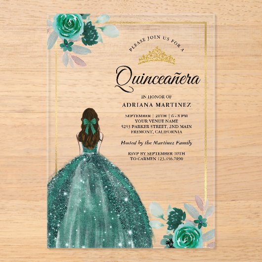 エメラルドグリーンドレスフローラ金ゴールドキンセアニェラ アクリル招待状 (正面)