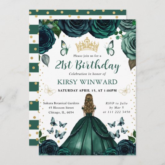エメラルドグリーンドレスブロンドプリンセス誕生日 招待状 (正面/裏面)