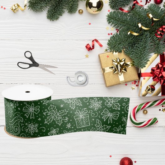 エメラルドグリーンドールクリスマスそりパターン サテンリボン