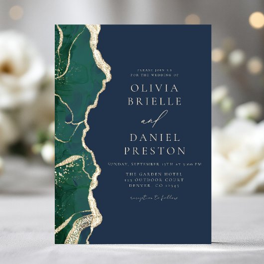 エメラルドグリーンネイビーブルー結婚アゲートエレガントズ 招待状