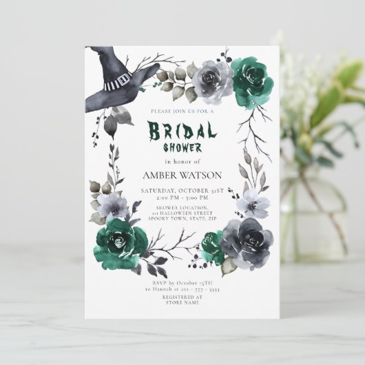 エメラルドグリーンハロウィーン秋フローラブライダルシャワー 招待状 (スタンド正面)