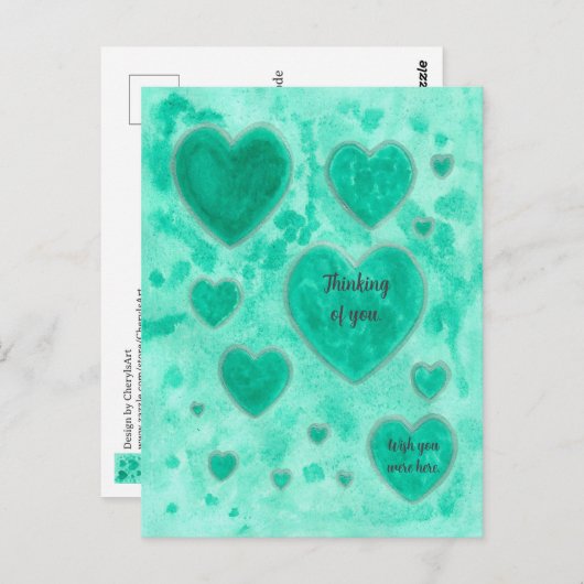 エメラルドグリーンハートカスタム、水彩絵葉書 ポストカード (正面/裏面)