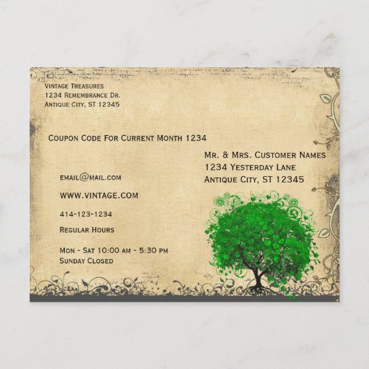 エメラルドグリーンハートリーフツリー日付の保存 案内ポストカード (裏面)