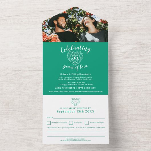 エメラルドグリーンハート結婚55周年記念RSVP オールインワン招待状 (内側)