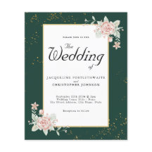 エメラルドグリーンバジェット結婚式招待状ピンク牡丹