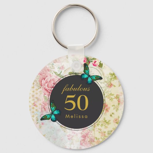 エメラルドグリーンバタフライオンシックヴィンテージコラージュ キーホルダー (正面)