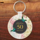 エメラルドグリーンバタフライオンシックヴィンテージコラージュ キーホルダー (正面)