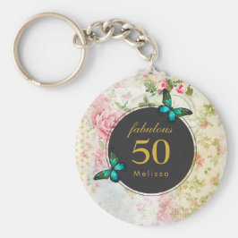 エメラルドグリーンバタフライオンシックヴィンテージコラージュ キーホルダー