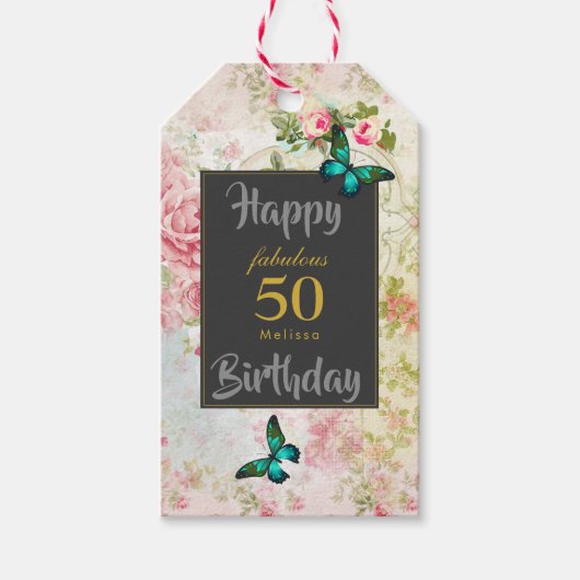 エメラルドグリーンバタフライオンシックヴィンテージコラージュ ギフトタグ (正面)