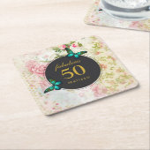 エメラルドグリーンバタフライオンシックヴィンテージコラージュ スクエアペーパーコースター (アングル)