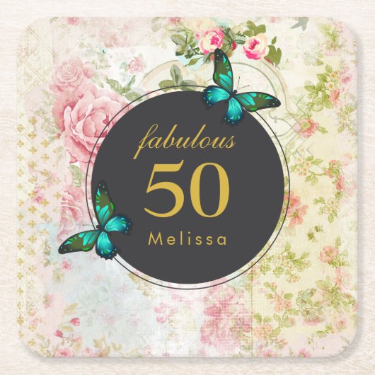 エメラルドグリーンバタフライオンシックヴィンテージコラージュ スクエアペーパーコースター (正面)