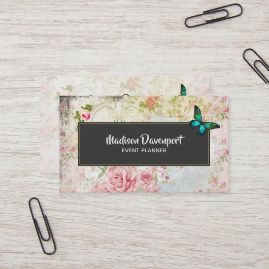 エメラルドグリーンバタフライオンシックヴィンテージコラージュ 名刺 (正面/裏面インサイチュ)