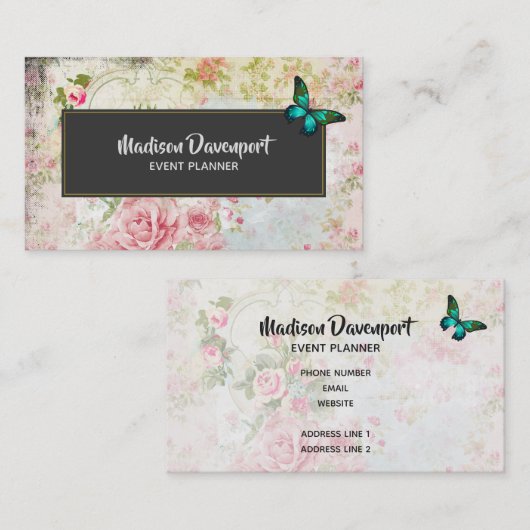 エメラルドグリーンバタフライオンシックヴィンテージコラージュ 名刺 (正面/裏面)