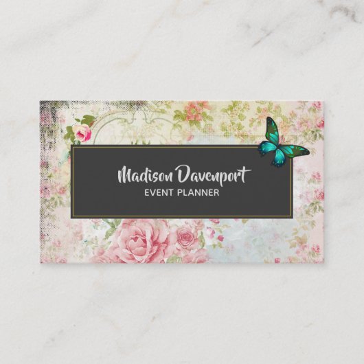 エメラルドグリーンバタフライオンシックヴィンテージコラージュ 名刺 (正面)