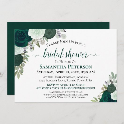 エメラルドグリーンバラエレガントブライダルシャワー 招待状 (正面/裏面)